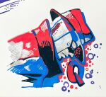  abstract blank_eyes bubble coat fangs fedora from_side hat highres open_mouth q_(street_fighter) robot sharp_teeth simple_background solo street_fighter street_fighter_iii_(series) teeth toubankaware traditional_media white_background white_eyes 