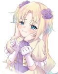  2girls blonde_hair blue_eyes blue_hair blush cheek_press closed_mouth commentary_request cowboy_shot curtained_hair disembodied_hand elbow_gloves flower fujishima_megumi gloves gradient_hair hair_flower hair_ornament hana_sakeba_yume_kakeru highres jacket katanashi_(ktnsh_popu) long_hair love_live! love_live!_hasu_no_sora_jogakuin_school_idol_club love_live!_hasu_no_sora_jogakuin_school_idol_club_bloom_garden_party multicolored_hair multiple_girls osawa_rurino parted_bangs puffy_short_sleeves puffy_sleeves purple_flower purple_vest short-sleeved_jacket short_sleeves solo_focus twintails vest white_gloves yellow_jacket 