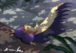 claws closed_eyes leaf lying no_humans on_stomach outdoors pokemon pokemon_(creature) pokemon_focus purple_fur rumiko_(vertlapin96) skunk_tail sleeping stairs stunky tail two-tone_fur whiskers white_fur 