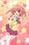  1girl akihime_sumomo bell brown_eyes glasses hair_ribbon highres horns itou_noiji lapel_pin nanatsuiro_drops open_mouth pins red_hair ribbon school_uniform sheep short_hair solo star stuffed_animal stuffed_toy thighhighs white_legwear yuki-chan 