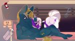  absurd_res anthro chapaevv digital_media_(artwork) duo english_text erection fan_character female genitals hair hasbro hi_res horn horn_grab indigo_(oc) male male/female my_little_pony nude oral penis sex space spacecraft tail text vehicle wooden_bastion_(oc) zero_gravity 