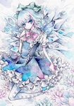 argyle argyle_legwear bow cirno crystal dress hair_bow ice miri_(tobira_no_mukou) solo touhou traditional_media watercolor_(medium) wings 