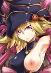  armpits arms_up blonde_hair breast_slip breasts cross duel_monster gagaga_girl hat jewelry medium_breasts necklace nipples one_breast_out pink_eyes segami_daisuke solo sweatdrop torn_clothes upper_body wizard_hat yuu-gi-ou yuu-gi-ou_zexal 