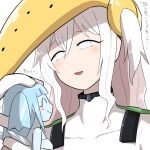  2girls blue_hair blue_skin blunt_bangs blush_stickers colored_skin commentary headpat ice_(kasugai_(de-tteiu)) kasugai_(de-tteiu) makhia_(kasugai_(de-tteiu)) mask mask_on_head messy_hair mother_and_child mother_and_daughter multiple_girls parent_and_child personification pokemon regice regigigas size_difference translated white_eyes white_hair 
