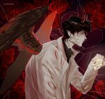  1boy absurdres black_shirt black_wings coat collared_shirt colored_veins commentary cracked_skin demon_horns demon_king_of_salvation english_commentary expressionless feathered_wings flower highres horns kim_dokja male_focus omniscient_reader's_viewpoint open_clothes open_coat pointy_ears red_flower red_rose rose shirt slouching solo upper_body white_coat white_flower white_rose wings yu_shiro_ki 