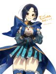  aqua_sleeves bird black_hair blue_sleeves coat commentary_request fingerless_gloves frilled_thighhighs frills gloves highres hood hood_down hooded_coat hootle_(tales) legs meameeea owl pet rinwell_(tales) short_hair sleeveless sleeveless_coat smile tales_of_(series) tales_of_arise thighhighs thighs white_background 