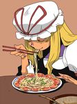  blonde_hair chopsticks closed_eyes eating food hat noodles onikobe_rin plate smile solo touhou yakumo_yukari 