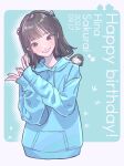  1girl absurdres animification bandana black_eyes black_hair blue_bandana blue_hoodie blunt_bangs blunt_ends character_doll character_name commentary_request cropped_torso dated doll doll_on_shoulder flower flower_knot grin hair_flower hair_ornament happy_birthday highres hood hood_down hoodie kirisaki_nuko long_sleeves looking_at_viewer love_live! love_live!_hasu_no_sora_jogakuin_school_idol_club medium_hair momose_ginko nesoberi real_life sakurai_hina seeno_de!_hasu_no_sora! short_hair sleeves_past_wrists smile solo upper_body virtual_youtuber voice_actor voice_actor_connection white_flower 