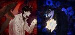  2boys absurdres black_coat black_hair black_wings check_flower coat colored_inner_hair colored_veins commentary demon_horns demon_king_of_salvation english_commentary feathered_wings flower flower_request from_side glowing growing_out_of_body gwon hand_up head_down highres horns kim_dokja male_focus multicolored_hair multiple_boys omniscient_reader's_viewpoint open_clothes open_coat poppy_(flower) short_hair sunflower too_many_flowers upper_body white_coat wings yoo_joonghyuk 