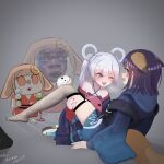  1boy 3girls animal_ears artist_name bare_shoulders bkub_(style) black_hair blonde_hair blue_eyes blue_hoodie blue_kimono blush cho_kaguya-hime! commentary crescent crescent_hair_ornament dated fishnets food fox_ears fox_tail green_eyes grey_background grey_hair hair_ornament hair_rings halterneck hand_on_another's_thigh hasukav49065 highres holding holding_ice_cream_cone hood hoodie ice_cream ice_cream_cone japanese_clothes jslutty kaguya_(cho_kaguya-hime!) kimono kneeling long_hair long_sleeves lop_rabbit_ears meme multicolored_hair multiple_girls one_eye_closed open_mouth over-kneehighs pink_hair purple_kimono rabbit_ears red_kimono runami_yachiyo runami_yachiyo_(chibi) sakayori_iroha shadow shocked_black_guy_(meme) sitting smile tail thighhighs twintails two-tone_hair yuri 