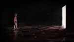  1girl braid brown_hair checkered_sweater closed_eyes commentary dark_background door english_commentary falling_petals highres long_hair long_sleeves madotsuki nagilamagykalz petals pink_socks pink_sweater pleated_skirt print_sweater purple_skirt reflection signature skirt socks solo sweater turtleneck twin_braids water yume_nikki 