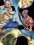  bar_(place) beard blonde_hair blue_hair cape commentary_request cup demon drinking_glass earrings edward_newgate epaulettes facial_hair fangs fur_cape haki_(one_piece) highres jewelry mustache one_piece red_eyes rocks_d._xebec scar scar_on_face shockwave sword weapon white_hair xginrw 
