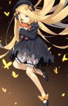  1girl abigail_williams_(fate/grand_order) bangs black_bow black_dress black_footwear black_hat blonde_hair blue_eyes blush bow brown_background bug butterfly dress fate/grand_order fate_(series) forehead gradient gradient_background hair_bow hat highres holding holding_stuffed_animal insect legs long_hair long_sleeves looking_at_viewer mary_janes orange_bow parted_bangs ribbed_dress shoes sleeves_past_fingers sleeves_past_wrists solo stuffed_animal stuffed_toy teddy_bear very_long_hair white_bloomers yura_(botyurara) 
