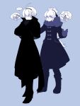  ! ... 2boys absurdres ahoge alternate_costume blue_background boots closed_mouth coat coattails collared_coat commentary_request fire_emblem fire_emblem_fates gloves heart highres imagining kiss leo_(fire_emblem_fates) long_hair male_focus multiple_boys nknaxs surprise_kiss surprised tailcoat takumi_(fire_emblem) trench_coat very_long_hair yaoi 