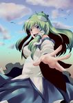  absurdres bare_shoulders blue_eyes boooo-im breasts detached_sleeves frog green_hair hair_ornament highres kochiya_sanae long_hair medium_breasts open_mouth outstretched_arm snake solo touhou 