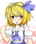  alice_margatroid alice_margatroid_(pc-98) blonde_hair blue_eyes blush hair_ribbon pointing pointing_at_self ribbon solo tears touhou touhou_(pc-98) yuria_(kittyluv) 