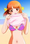  :p beach bikini bikini_under_clothes breasts cleavage hair_ribbon makihara_yukiko medium_breasts midriff orange_eyes orange_hair ribbon shirt_lift shopyun solo swimsuit swimsuit_under_clothes tokimeki_memorial tokimeki_memorial_3 tongue tongue_out 