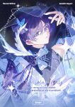  1boy absurdres adapted_costume bandaged_wrist bandages bishounen black_shirt blunt_ends bright_pupils butterfly_hair_ornament cross english_text eyelashes eyeliner feathered_wings feathers fingernails genshin_impact hair_ornament hair_ribbon hand_up haori_himo highres jacket looking_at_viewer makeup makisa_(wim) male_focus open_clothes open_hand open_jacket parted_lips purple_eyes purple_hair purple_ribbon purple_rope red_eyeliner ribbon rope sample_watermark scaramouche_(genshin_impact) see-through_clothes see-through_veil shimenawa shirt shoulder_peek sleeves_past_wrists solo star_(sky) starry_sky_background tassel tsurime turtleneck turtleneck_shirt veil watermark white_feathers white_jacket white_mouth white_pupils white_rope white_wings wings 