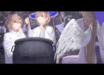  4boys angel_wings brown_hair bw_sekai cauldron chinese_commentary coat commentary_request demon_horns hat highres horns indoors kanae_(19th_costume)_(nijisanji) kanae_(nijisanji) letterboxed long_hair male_focus multiple_boys nijisanji official_alternate_costume stairs upper_body virtual_youtuber white_coat wings witch_hat 