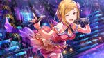  1girl :d ;d armband blonde_hair bracelet breasts card_commentary cleavage commentary_request concert dress flower frilled_armband frills game_asset garter_straps gloves hair_flower hair_ornament holding holding_microphone idol idolmaster idolmaster_million_live! idolmaster_million_live!_theater_days jewelry lace lace_gloves leaning_forward long_hair looking_at_viewer microphone momose_rio official_art one_eye_closed open_mouth pink_dress pink_eyes pink_flower single_garter_strap single_glove smile solo third-party_source 