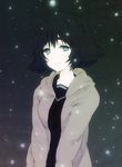  black_hair blue_eyes jacket omoti_(ommoti) school_uniform shiina_mayuri short_hair smile snowing solo steins;gate 