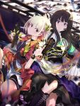  2girls absurdres black_hair blonde_hair commentary_request gun highres holding holding_gun holding_weapon inoue_takina kyubey lycoris_recoil magia_record:_mahou_shoujo_madoka_magica_gaiden magical_girl mahou_shoujo_madoka_magica multiple_girls nishikigi_chisato official_alternate_costume purple_eyes red_eyes sengoku_chidori weapon 