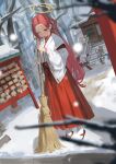  5girls absurdres animal_ear_headphones animal_ears aris_(blue_archive) blue_archive blue_eyes blush bow broom fake_animal_ears forehead full_body game_development_department_(blue_archive) hair_bow hakama hakama_skirt halo headphones highres holding holding_broom japanese_clothes kei_(blue_archive) kei_(student)_(blue_archive) kimono leviathan_(hikinito0902) long_hair long_sleeves midori_(blue_archive) miko momoi_(blue_archive) multiple_girls one_eye_closed outdoors red_hair red_hakama ribbon-trimmed_sleeves ribbon_trim sandals shrine siblings sisters skirt snow snowball snowball_fight tabi tail white_kimono wide_sleeves yellow_halo yuzu_(blue_archive) zouri 