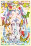  aqua_hair arms_behind_back bug butterfly closed_eyes detached_sleeves flower hair_flower hair_ornament hatsune_miku highres insect long_hair necktie skirt smile solo thighhighs tottsuan twintails very_long_hair vocaloid 