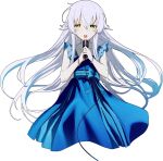  1girl altina_orion blue_bow blue_dress blue_sash bow bracelet cropped_legs double-parted_bangs dress eiyuu_densetsu floating_hair green_eyes hair_between_eyes highres holding holding_microphone jewelry kai_no_kiseki kuro_no_kiseki_(series) long_hair madou_zakura microphone open_mouth petite sash silver_bracelet simple_background singing sleeveless sleeveless_dress solo upper_body very_long_hair waist_bow waist_sash white_background white_hair 