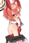  1girl a0mmti_2304 absurdres ahoge animal_ears bare_shoulders blue_archive bow bowtie braid breasts detached_collar fake_animal_ears halo highres huge_ahoge jacket jacket_partially_removed leotard looking_at_viewer mole mole_under_each_eye mole_under_eye multiple_moles neru_(blue_archive) neru_(bunny)_(blue_archive) official_alternate_costume open_mouth playboy_bunny print_jacket rabbit_ears red_bow red_eyes red_leotard simple_background small_breasts solo strapless strapless_leotard traditional_bowtie white_background 