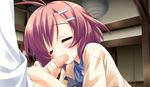  1boy 1girl blush censored character_request eyes_closed fellatio game_cg gotou_nao hattori_aya indoors koiiro_soramoyou oral penis purple_hair short_hair source_request 