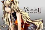  animal_ears bad_id bad_pixiv_id bare_shoulders blonde_hair blue_eyes cat_ears headset long_hair seeu simple_background skirt smile solo very_long_hair vocaloid 