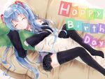  blue_hair body_pillow closed_eyes detached_sleeves happy_birthday hatsune_miku highres long_hair modose_ruruki pillow skirt solo thighhighs twintails vocaloid 