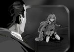  1boy 1girl airplane_interior airplane_wing commentary_request crescent crescent_hair_ornament greyscale hair_ornament highres kantai_collection long_hair long_sleeves low-tied_long_hair miniskirt monochrome parody pleated_skirt school_uniform serafuku shouhou-san_daisuki_teitoku skirt the_twilight_zone uzuki_(kancolle) very_long_hair window 