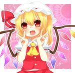 ascot blonde_hair double_v fang flandre_scarlet hat lowres open_mouth red_eyes short_hair side_ponytail smile solo touhou upper_body v wings yuria_(kittyluv) 