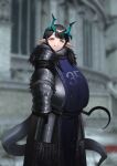  1girl absurdres arknights armor black_gloves black_hair blush breastplate chainmail dark_souls_(series) dark_souls_iii dragon_girl dragon_horns dragon_tail dusk_(arknights) faulds fur_collar gauntlets ghosty_(xiaobai) gloves grin highres holding holding_sword holding_weapon horns pointing pointing_down pointy_ears red_eyes short_hair shotel smile solo sword tail weapon winged_knight 
