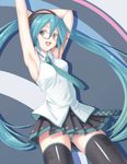  aqua_eyes aqua_hair armpits arms_up bad_id bad_pixiv_id bespectacled face glasses hatsune_miku headphones highres long_hair necktie oda_masaki_(b-minor) open_mouth panties pantyshot skirt solo striped striped_panties thighhighs twintails underwear very_long_hair vocaloid vocaloid_(lat-type_ver) 