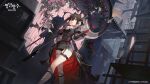  1girl absurdres arknights ascot black_dress black_hair black_tailcoat boots building copyright_notice demon_horns dress dutch_angle entelechia_(arknights) feet_out_of_frame flower gloves hair_horns hand_up highres holding holding_flower holding_scythe horns kazeto official_art outdoors pink_flower pink_rose pointy_ears red_eyes red_flower red_gloves red_rose red_tailcoat rose scythe second-party_source short_hair solo spotlight thigh_strap two-sided_tailcoat white_ascot 