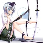  barefoot between_toes blue_eyes blush darren dress_shirt feet ghost hair_ribbon hitodama katana konpaku_youmu konpaku_youmu_(ghost) no_bra open_clothes open_shirt planted_sword planted_weapon pointy_ears ribbon scabbard sheath shirt silver_hair sitting skirt solo sword touhou unsheathing weapon 