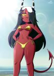 2026 absurd_res artist_name beach bikini black_hair breasts bulge cleavage clothed clothing day demon eye_scar eyelashes facial_scar gold_bikini golden_week gynomorph hair hair_over_eye hands_on_waist hellaverse helluva_boss hi_res horn humanoid imp intersex lens_flare long_hair looking_at_viewer low-angle_view navel outside portrait red_body red_skin sallie_may_(helluva_boss) scar sea signature sky small_waist smile solo spade_tail striped_horn stripes sun swimwear tail text the-butcher-x three-quarter_portrait trans_(lore) trans_woman_(lore) two-piece_swimsuit water yellow_sclera 
