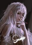  1girl absurdres between_fingers breasts character_request cigarette closed_mouth commission copyright_request fingernails half-closed_eyes hand_up highres holding holding_cigarette lips long_fingernails long_hair medium_breasts mihuashi_commission nose observer12z red_lips sample_watermark shirt smoking solo upper_body very_long_fingernails watermark white_hair white_shirt yellow_eyes 