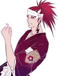  1boy abarai_renji bandaged_head bandages bleach collarbone commentary english_commentary forehead_tattoo high_ponytail highres huangdanlan long_hair looking_at_viewer male_focus neck_tattoo ponytail red_hair shihakusho sideburns solo tattoo teeth upper_body 