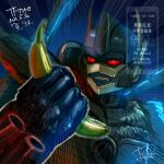  1boy arm_cannon banana beast_wars clenched_teeth food fruit helmet optimus_primal raiu_bs25 red_eyes robot science_fiction shoulder_pads teeth transformers weapon 