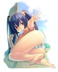  ass bare_legs barefoot black_hair breasts brown_eyes chocolate_banana eating feet food_in_mouth foreshortening hands hirano_katsuyuki long_hair looking_at_viewer lying medium_breasts no_pants on_side original panties scrunchie solo striped striped_panties twintails underwear v 