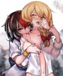  2girls biting biting_neck black_hair black_nails blonde_hair blood_sucking blush bottomless bow bracelet collarbone cum cum_on_body dress finger_in_another's_mouth hair_between_eyes hair_bow hair_over_shoulder highres horns jewelry kijin_seija kirisame_marisa looking_at_another looking_at_viewer multicolored_hair multiple_girls nail_polish navel red_bow red_eyes red_hair saliva shirt touhou variant_set white_dress white_shirt xiaotianeveryday yellow_eyes yuri 