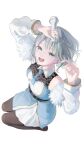  1girl absurdres aqua_hair bare_shoulders belt black_belt black_thighhighs blue_dress blue_necktie breasts collared_dress commentary_request commission detached_sleeves dress fur-trimmed_sleeves fur_trim green_eyes grey_hair highres holding holding_microphone ima_akagamin long_sleeves looking_at_viewer medium_breasts medium_hair microphone multicolored_dress multicolored_hair necktie open_mouth orange_hair project:yuires ratio_yuires simple_background skeb_commission smile solo streaked_hair thighhighs white_background white_dress white_sleeves 