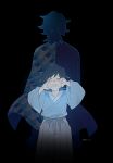  2boys aqua_kimono black_background black_hair child closed_eyes crying dual_persona facing_viewer from_behind grey_hakama hair_between_eyes hakama haori highres japanese_clothes kikkoumon kimetsu_no_yaiba kimono long_hair low_ponytail male_focus multiple_boys o87_426 open_mouth ponytail print_haori red_haori spiked_hair standing tomioka_giyuu twitter_username 