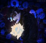  2boys absurdres black_coat black_hair coat colored_inner_hair commentary dim_lighting flower from_side glowing growing_out_of_body gwon head_down highres kim_dokja male_focus multicolored_hair multiple_boys omniscient_reader's_viewpoint open_clothes open_coat short_hair sunflower too_many_flowers yoo_joonghyuk 