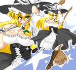  akasode_(tyaramu) blonde_hair blush boots braid breasts broom cleavage dress hat highres kirisame_marisa large_breasts long_hair long_skirt skirt solo standing touhou very_long_hair witch witch_hat yellow_eyes 