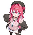  1girl :d aqua_necktie black_bow black_choker black_hat black_jacket black_necktie black_shirt black_thighhighs bow chinese_commentary choker collarbone collared_shirt commentary_request drill_hair drill_sidelocks feet_out_of_frame floral_print green_eyes hair_between_eyes hair_bun hair_ornament hands_on_own_hips hat heart heart_hair_ornament highres jacket long_sleeves looking_at_viewer multicolored_hair multicolored_necktie necktie open_mouth original pink_sweater red_hair sample_watermark shirt shirt_under_sweater sidelocks simple_background single_hair_bun skirt smile solo streaked_hair sweater thighhighs two-tone_hair watermark white_background white_hair white_necktie white_skirt white_streaks youtanhuayuan255 